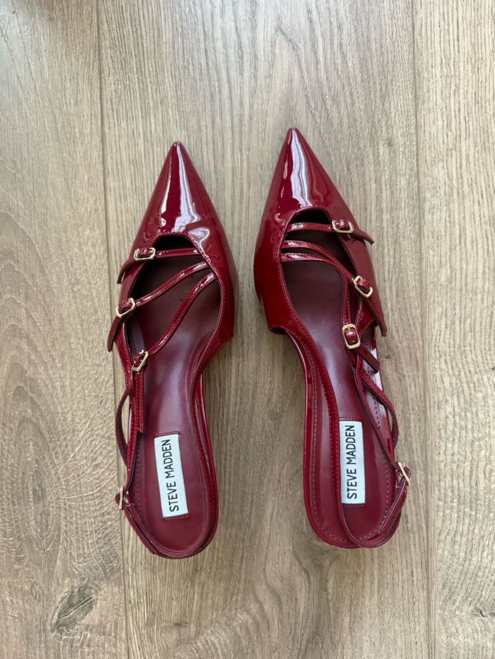 Steve Madden Red Patent Pointed Slingback Flats with Buckle Straps